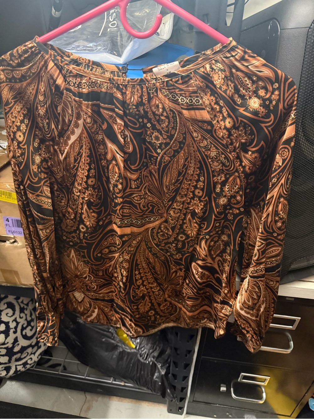H&M Brown and Black Paisley Long-Sleeve Blouse
